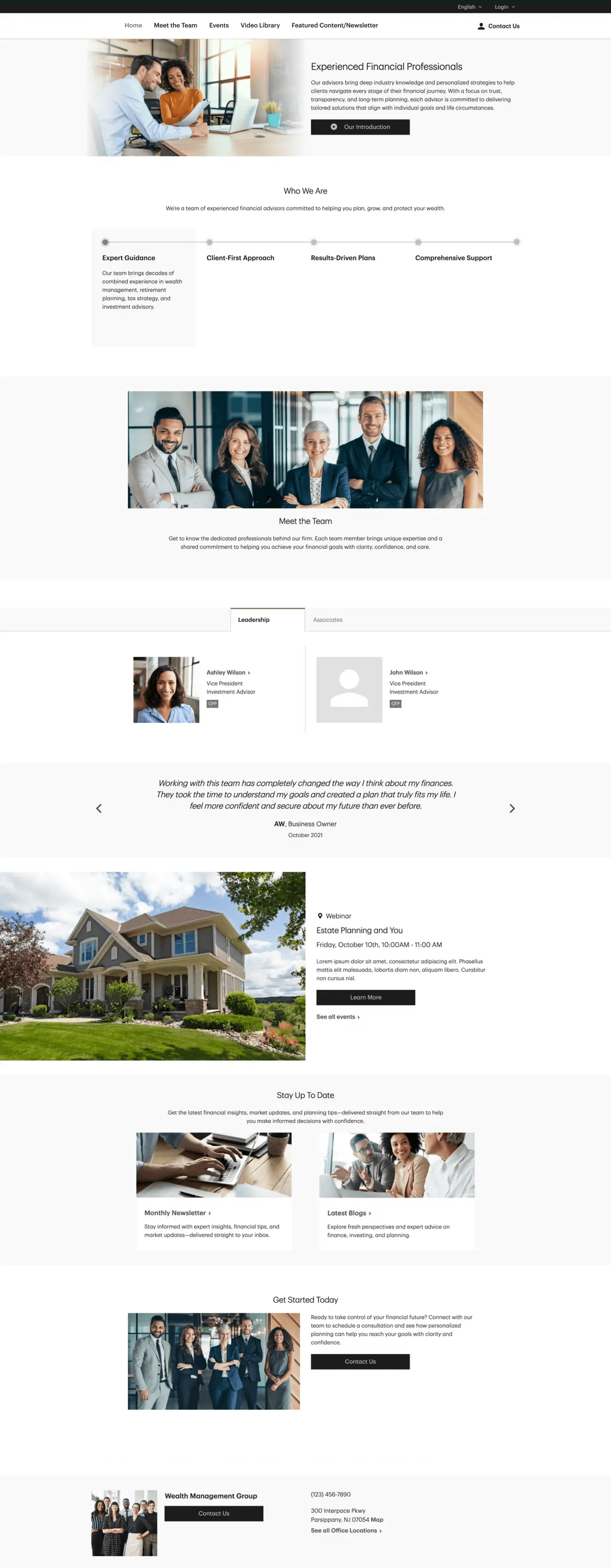 Financial advisor team website template showcasing modular component design with hero, team skillset, team information, testimonials, events, resources, and contact sections
