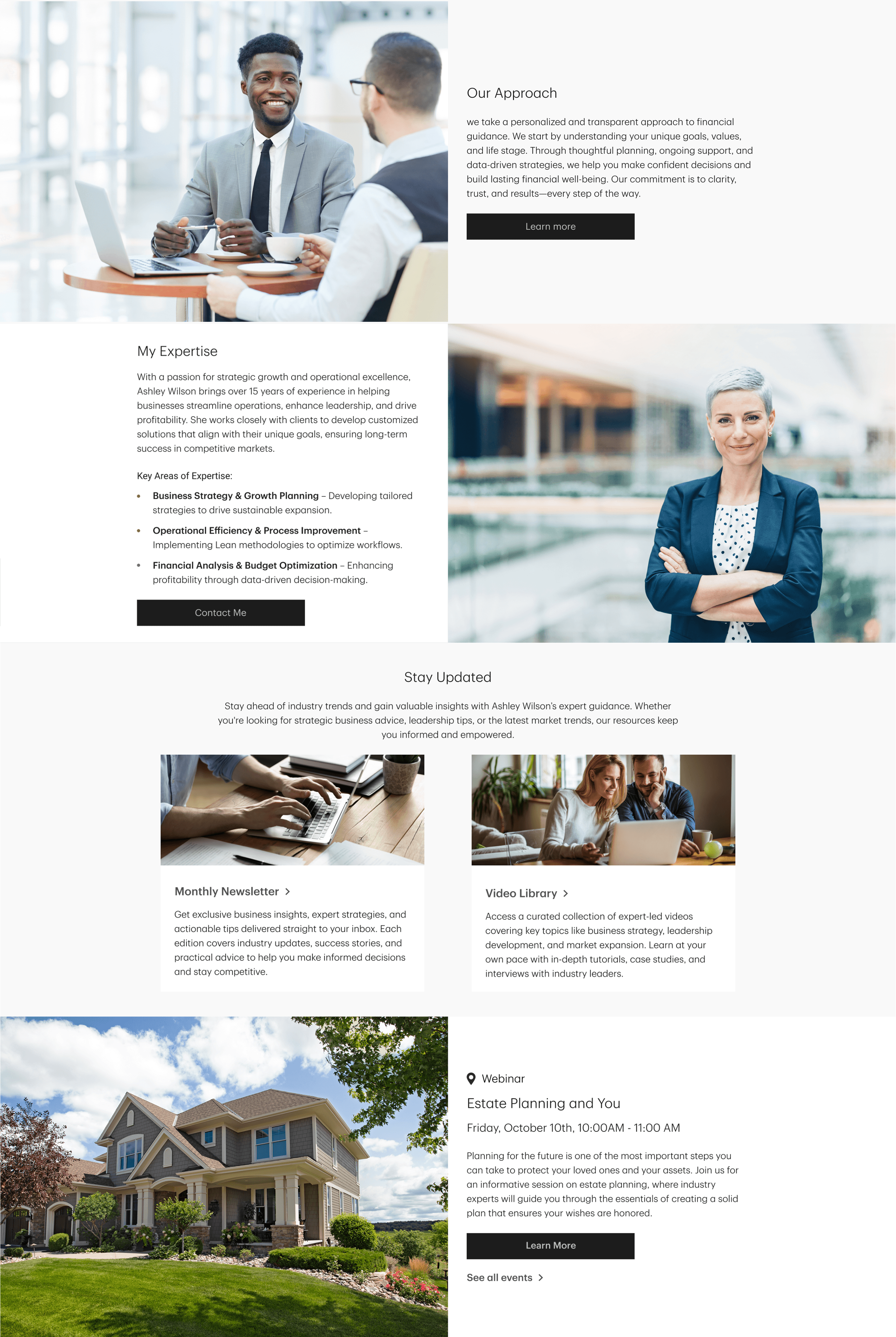 Financial advisor website template showcasing modular component design with advisor skillset, resources, and events sections