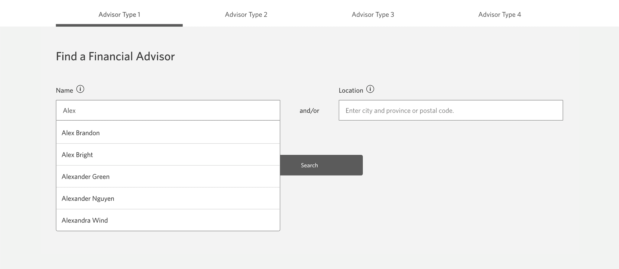 Financial advisor and branch locator interface showing advisor type tab options with dual search inputs for name and location
