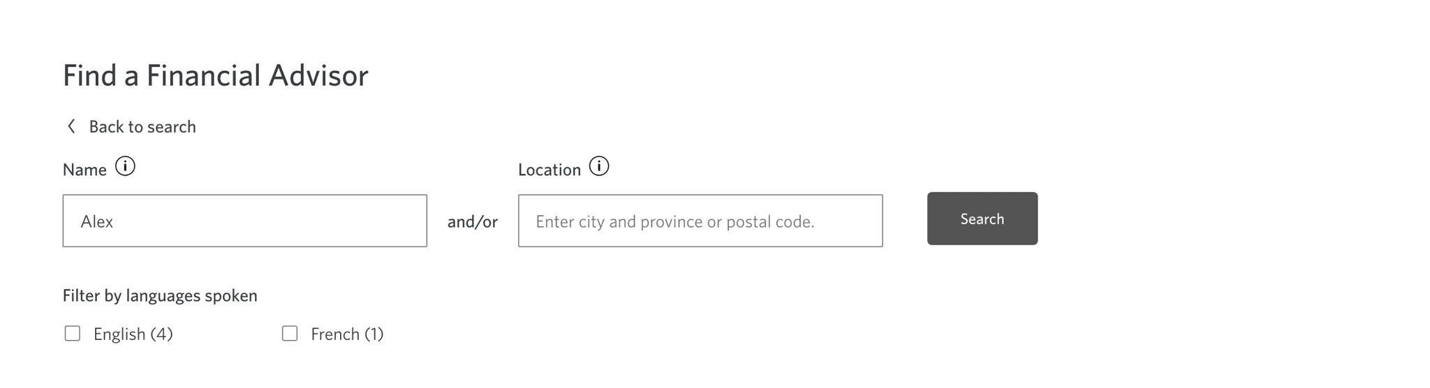 Search for an advisor by location with dropdown options for search by name