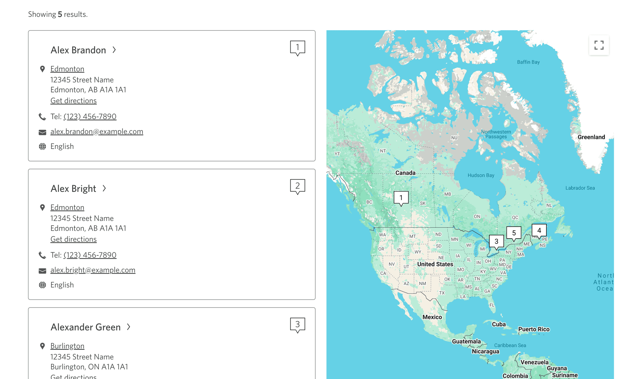Advisor search results displaying profile cards with name call to action link and contact information alongside Google Maps