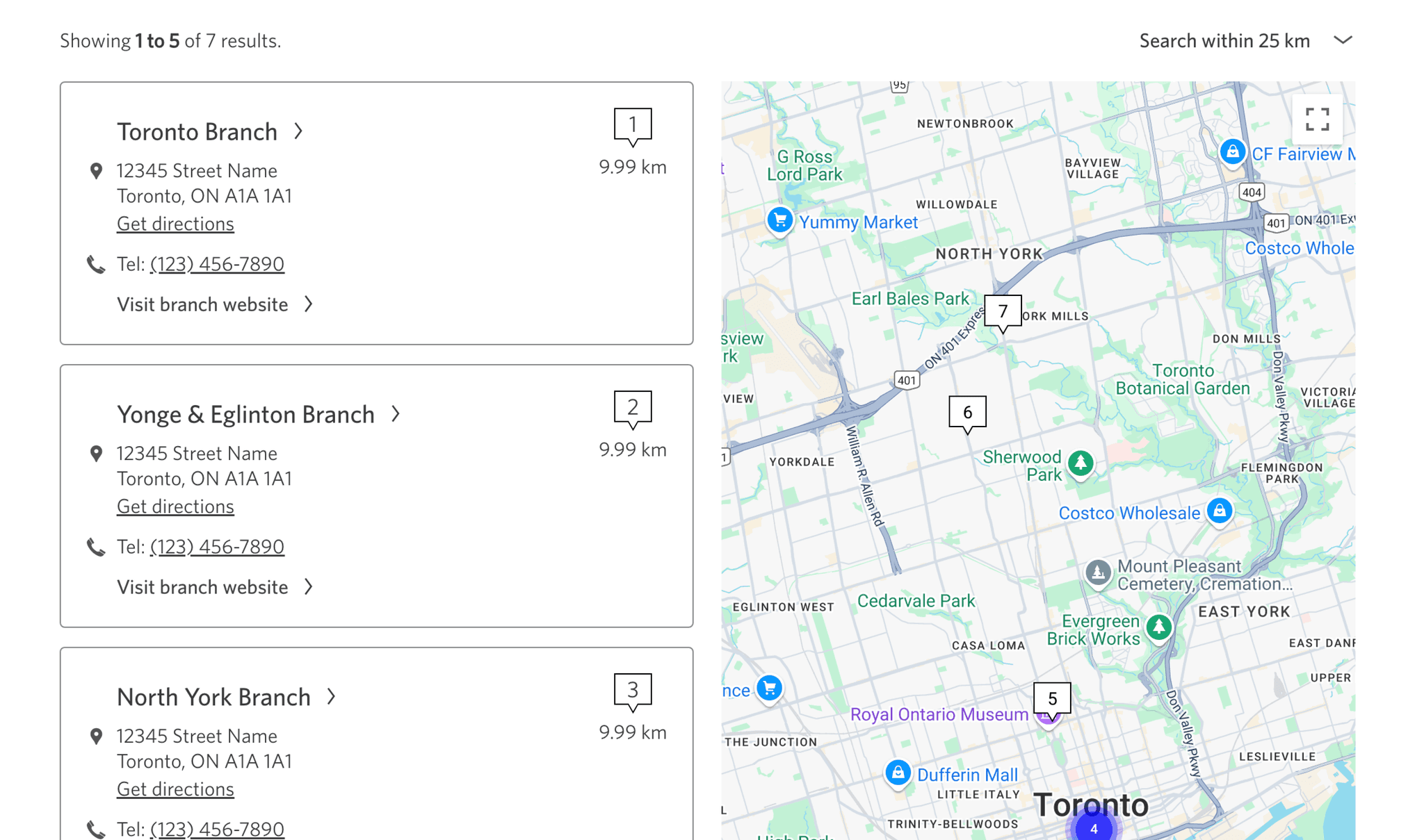 Branch search results displaying branch cards with name call to action link, contact information, and website call to action link alongside Google Maps