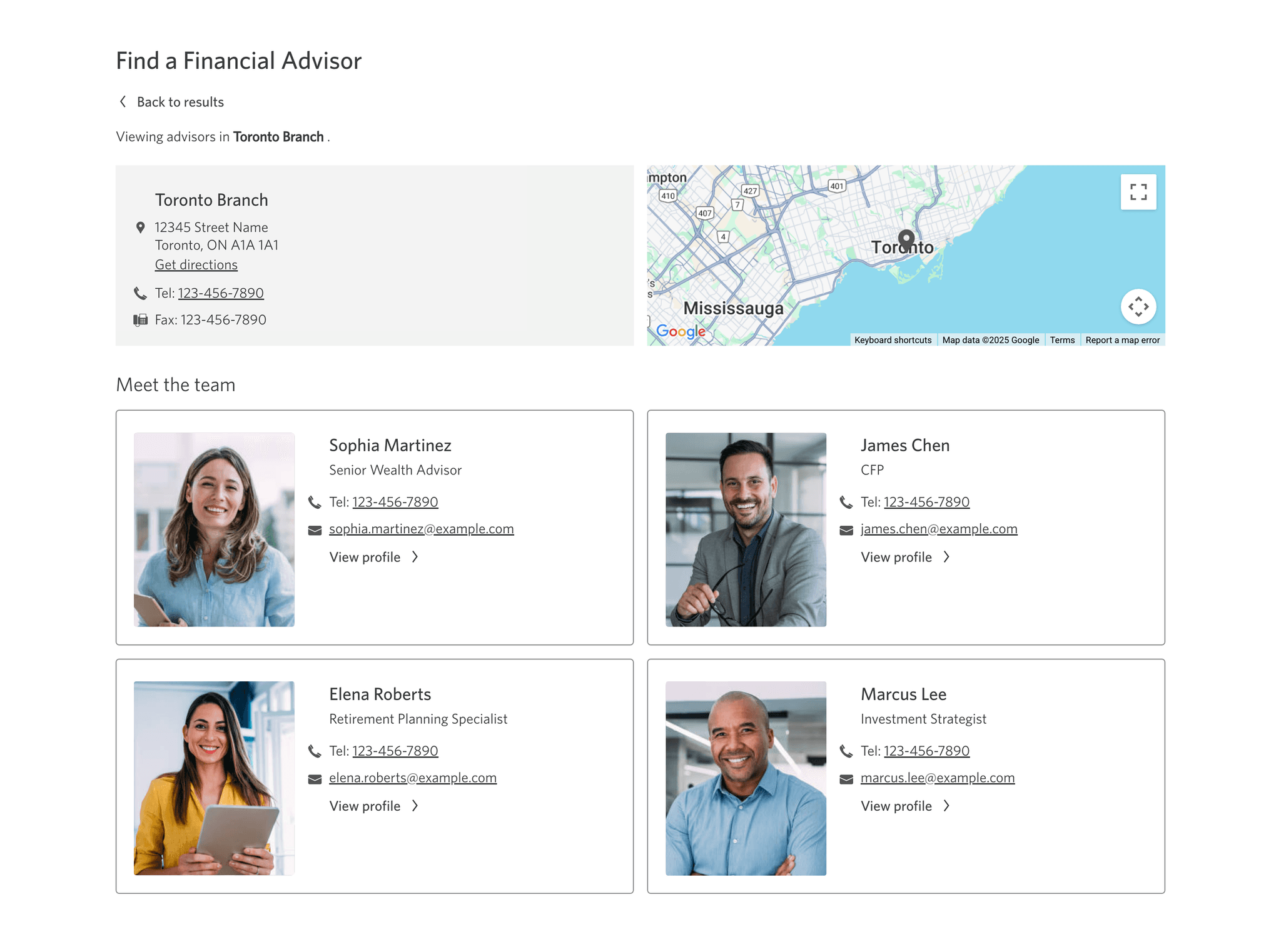 Branch location information displaying branch address, contact details, map, and available advisors with contact information and view profile link