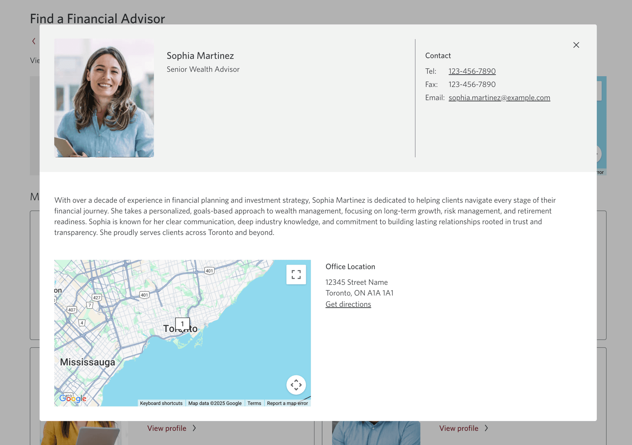 Advisor profile modal displaying advisor name, contact information, bio, and office locations