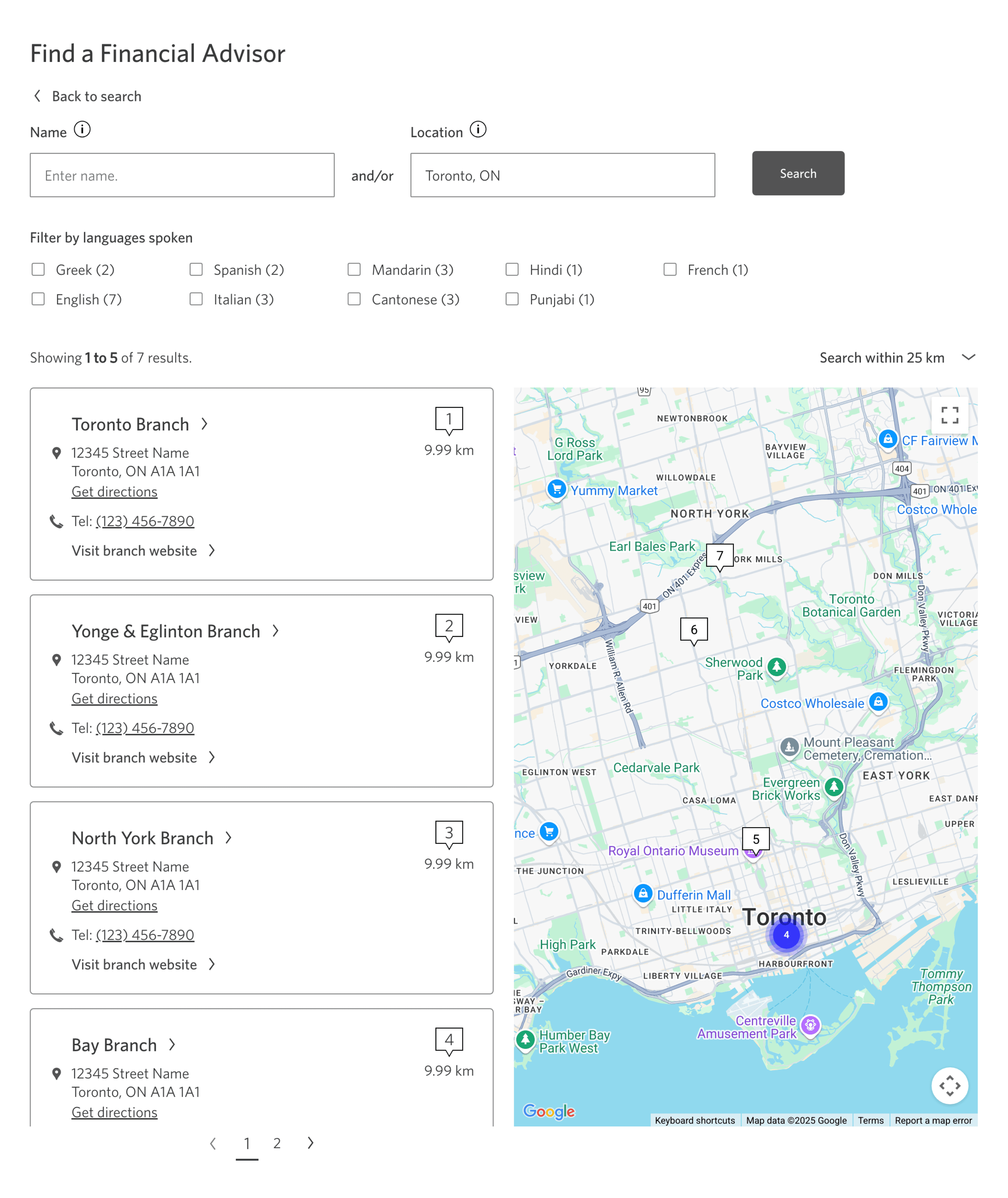 Branch search results displaying language filter and branch cards with name call to action link and contact information alongside Google Maps