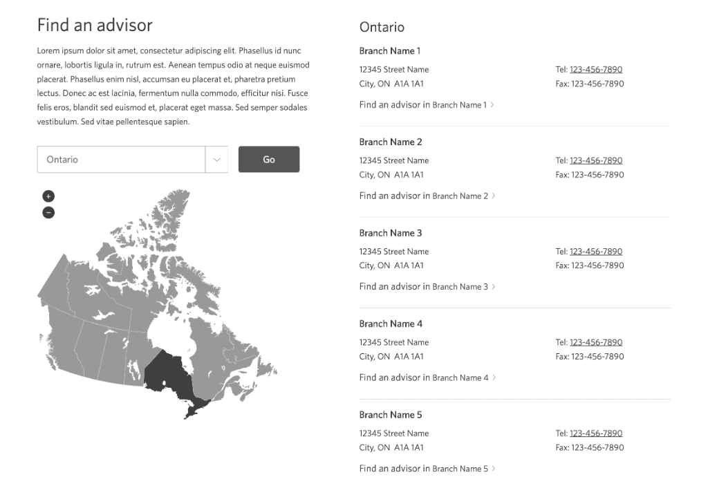 Financial advisor and branch locator interface showing branch results based on provinces