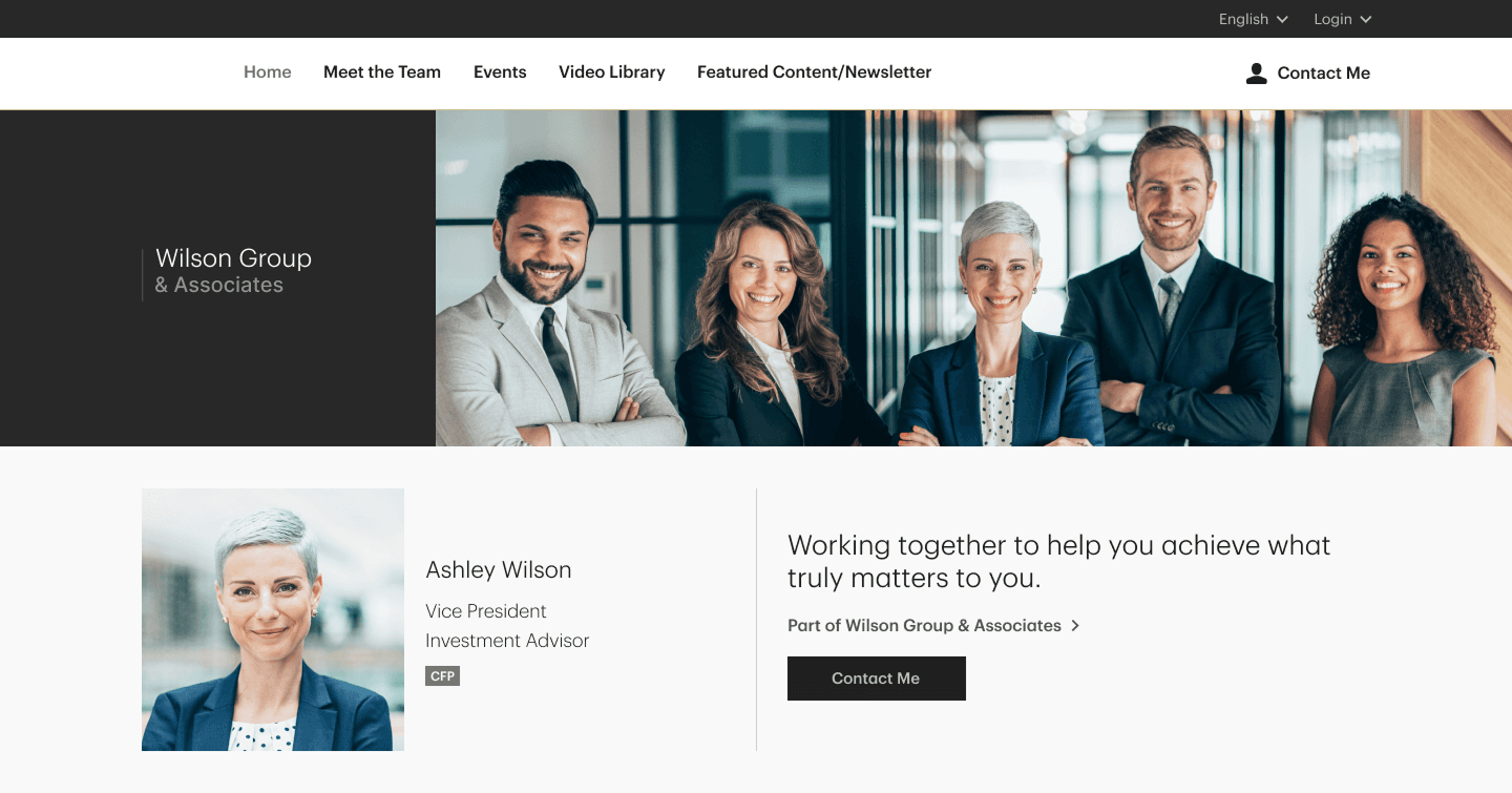 Financial advisor website homepage with navigation menu, hero section, advisor information, slogan, and contact call to action button