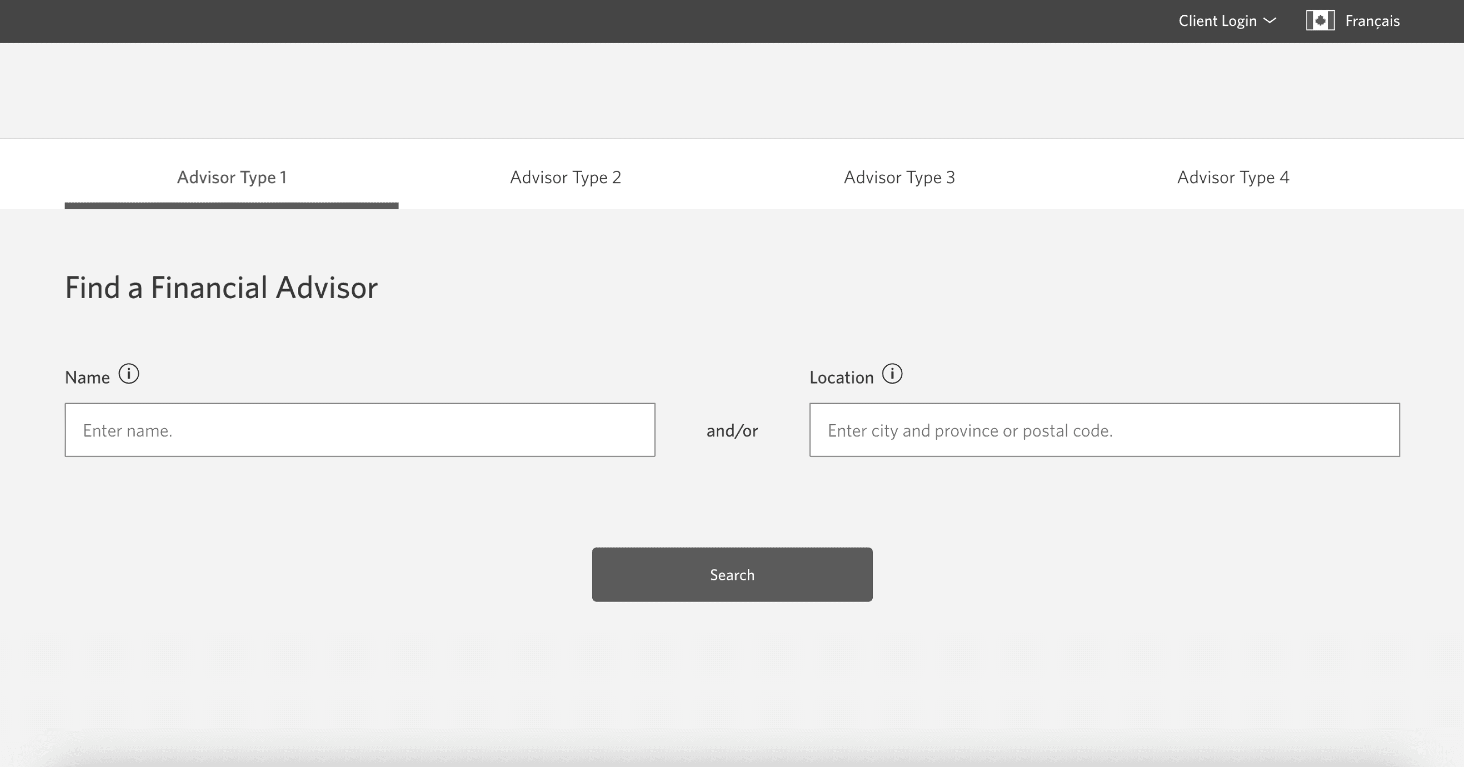 Financial advisor locator with search fields for advisor name and/or location