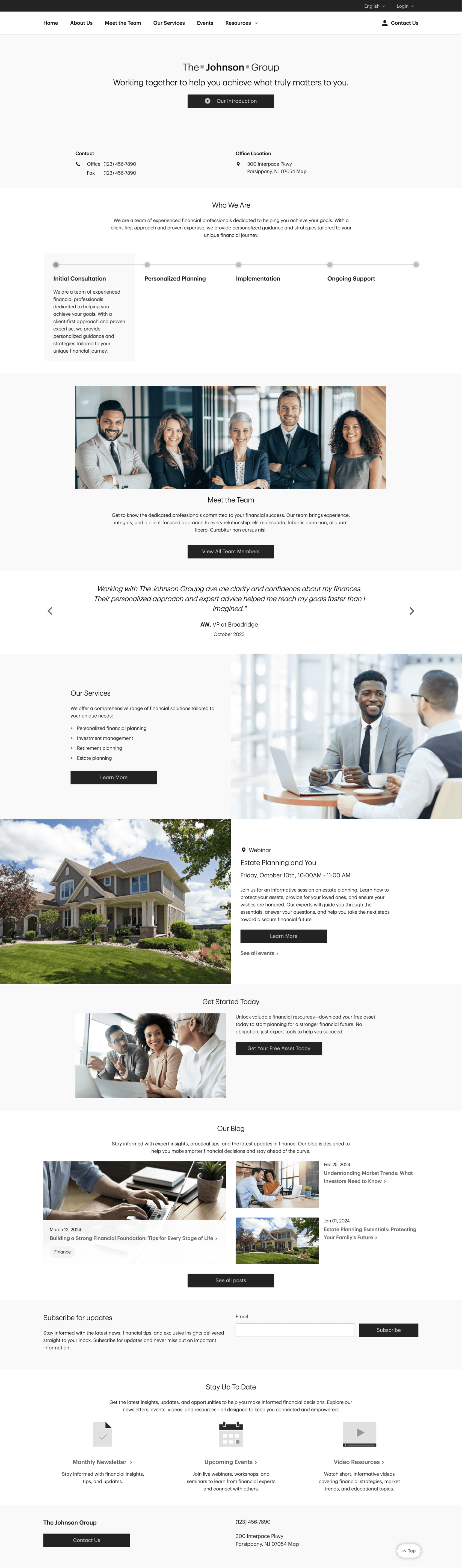 Financial advisor team website template showcasing modular component design with hero, team skillset, team information, testimonials, events, resources, and contact sections