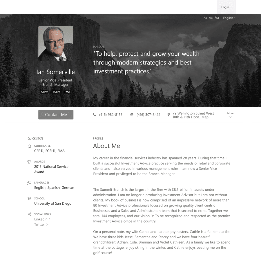 Original advisor bio template with slogan text over background image and advisor information