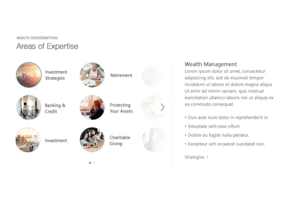Areas of expertise section with icons and descriptions