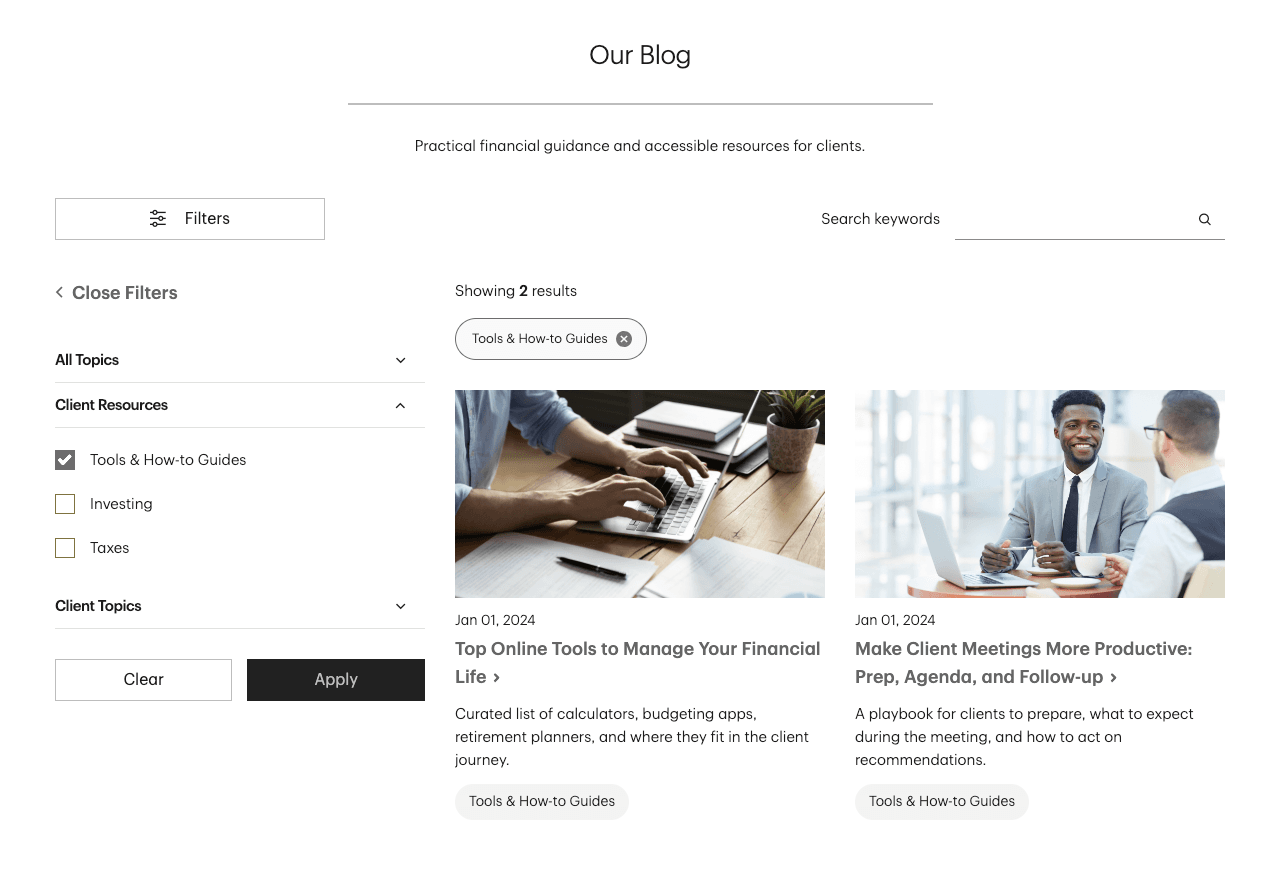Blog component with blog card components showing blog title, date, image, description, and category. Filter by category menu and keyword search field