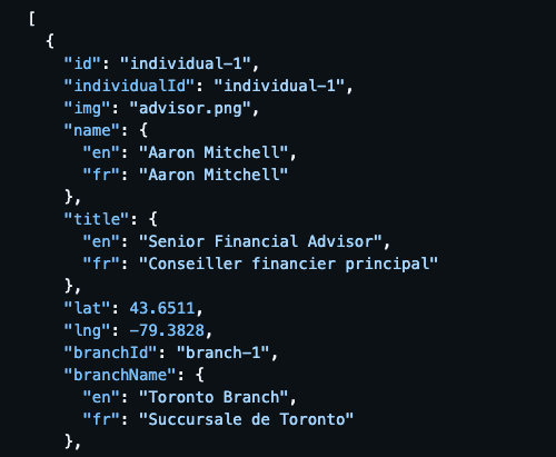 advisor json with information supporting different languages