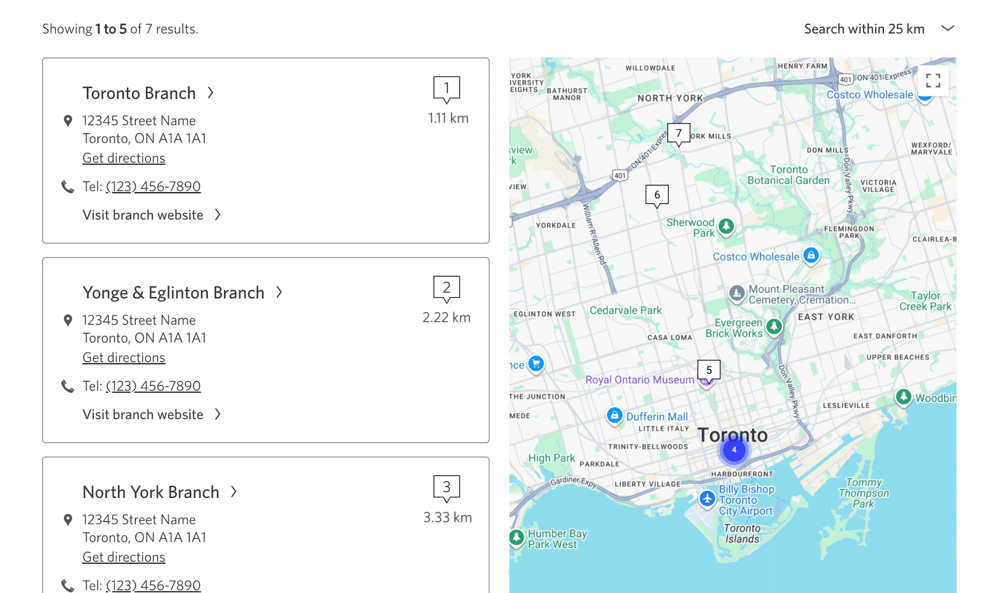 Branch search results displaying branch cards with name call to action link, contact information, and website call to action link alongside Google Maps