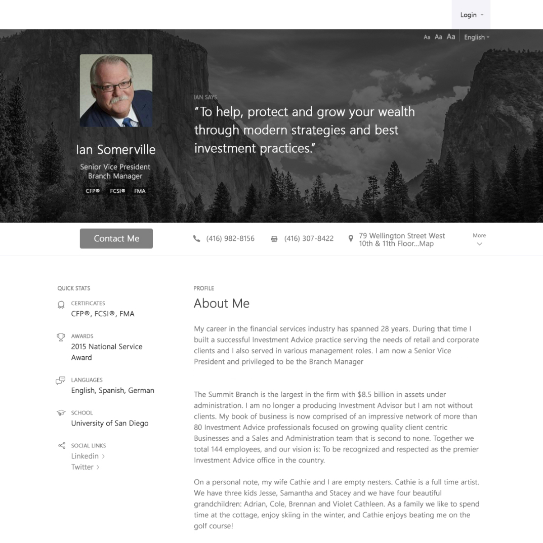 Original advisor bio template with slogan text over background image and advisor information 