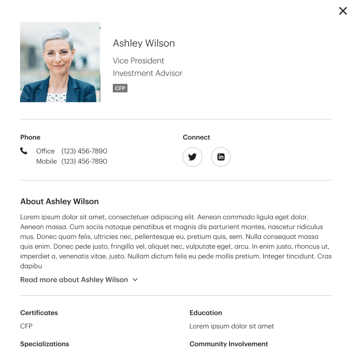 Financial advisor team profile modal with advisor name, title, bio, and contact information