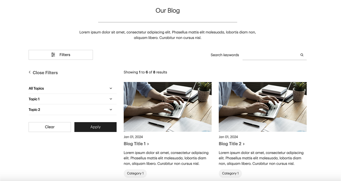 Blog page with blog card components showing blog title, date, image, description, and category. Filter by category menu and keyword search field