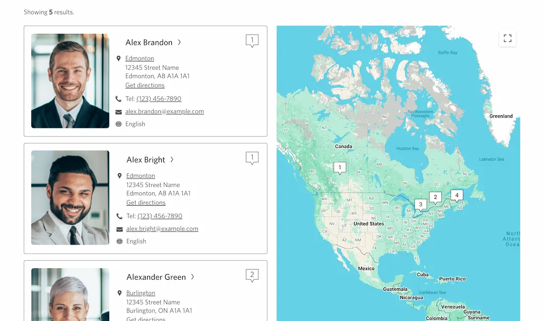 Advisor search results displaying profile cards with name call to action link and contact information alongside Google Maps
